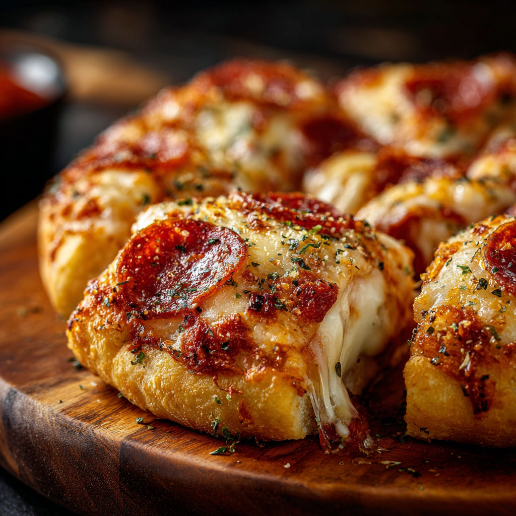 A close up of a delicious stuffed crust pizza snack.