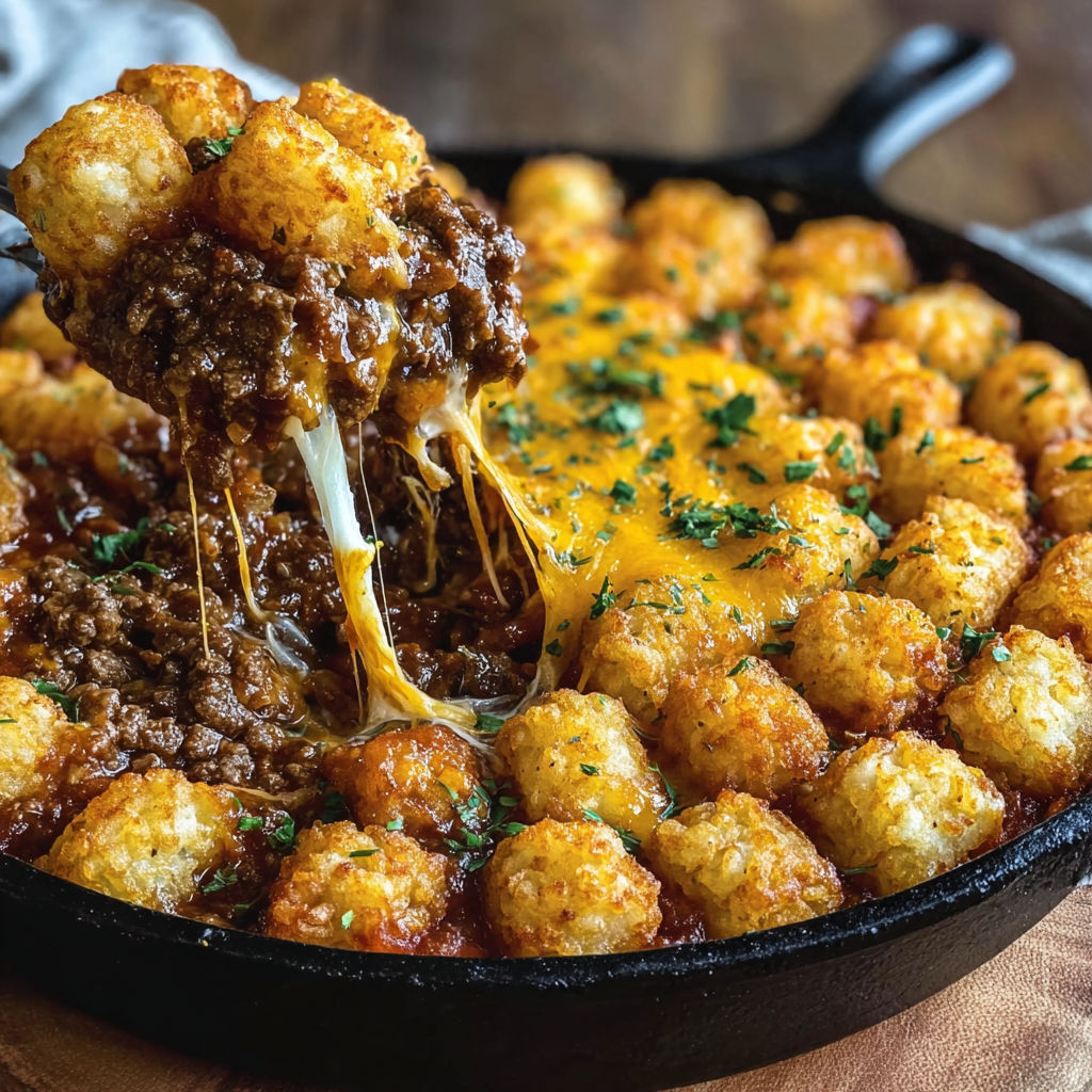A delicious Sloppy Joe Tater Tot Casserole is being served in a black pan.