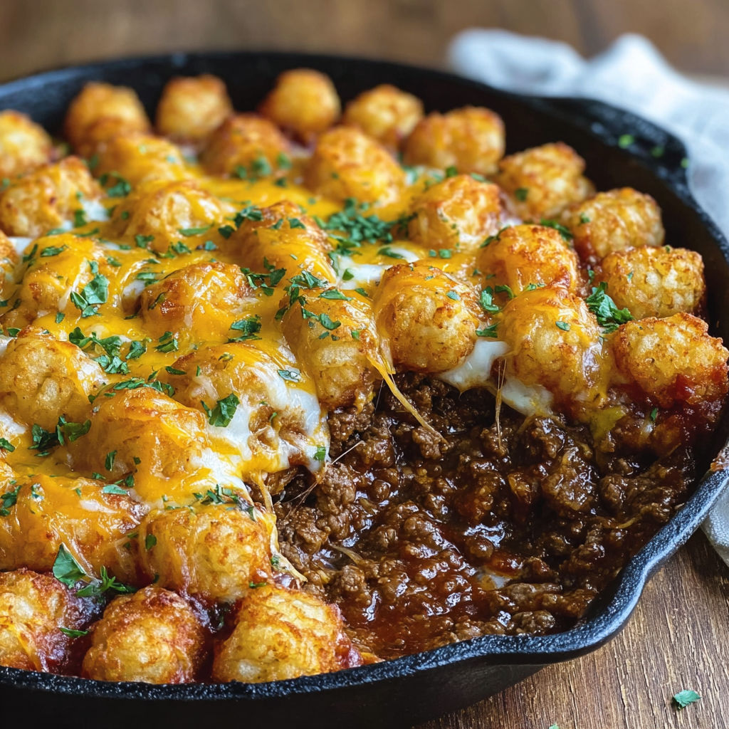 A delicious Sloppy Joe Tater Tot Casserole is ready to be served in a black pan.