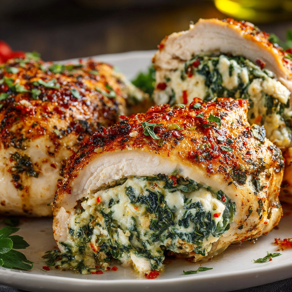 A plate of Spinach and Cheese Stuffed Chicken.