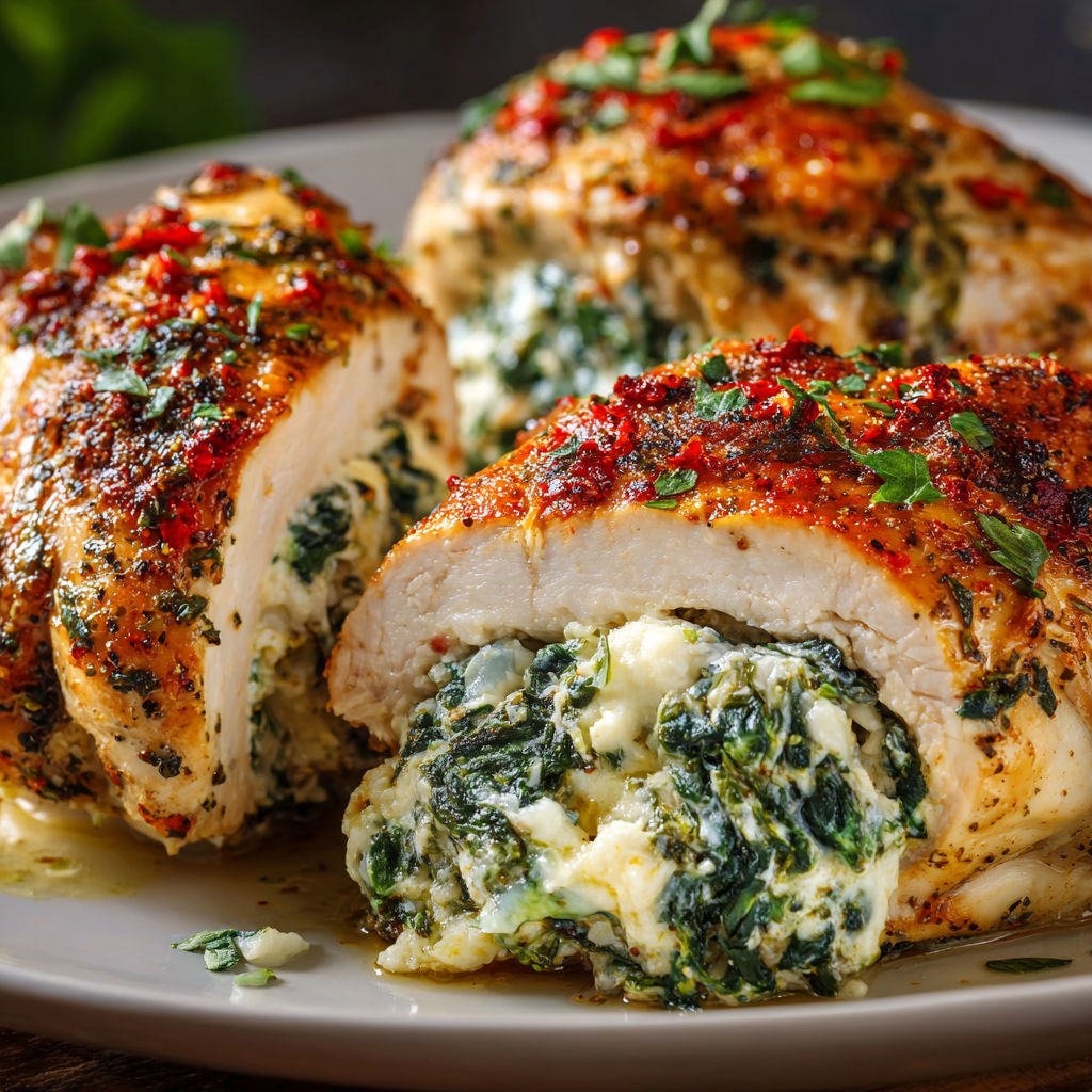A plate of chicken with a spinach and cheese filling.