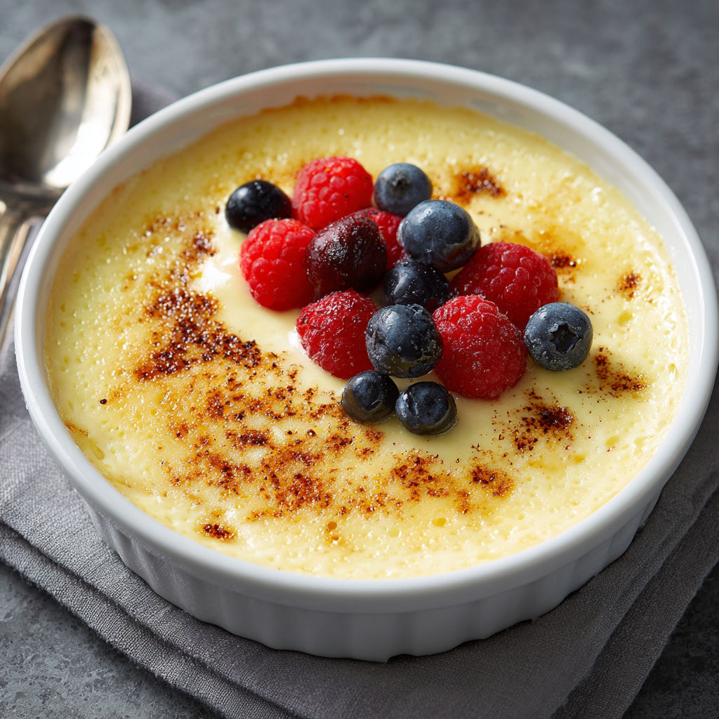 A bowl of creme brulee with blueberries and raspberries on top.