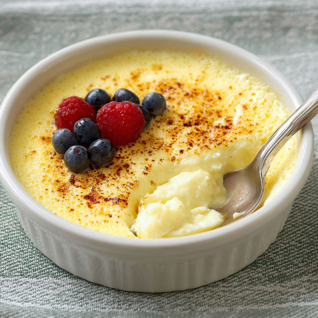 A bowl of creme brulee with berries on top.