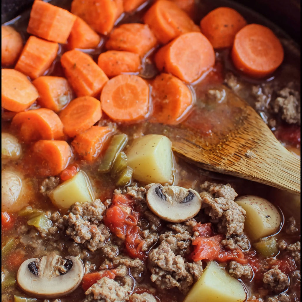 A close up of a delicious stew with a spoon in it, containing various ingredients such as carrots, mushrooms, and potatoes.