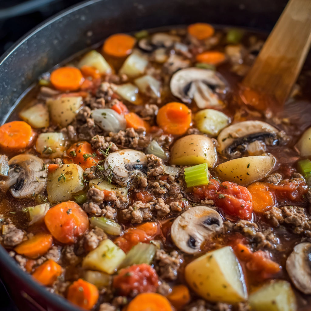 A pot of beef stew with mushrooms, carrots, and potatoes.