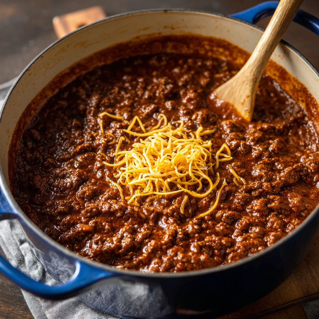 A bowl of chili with cheese on top, ready to be served.