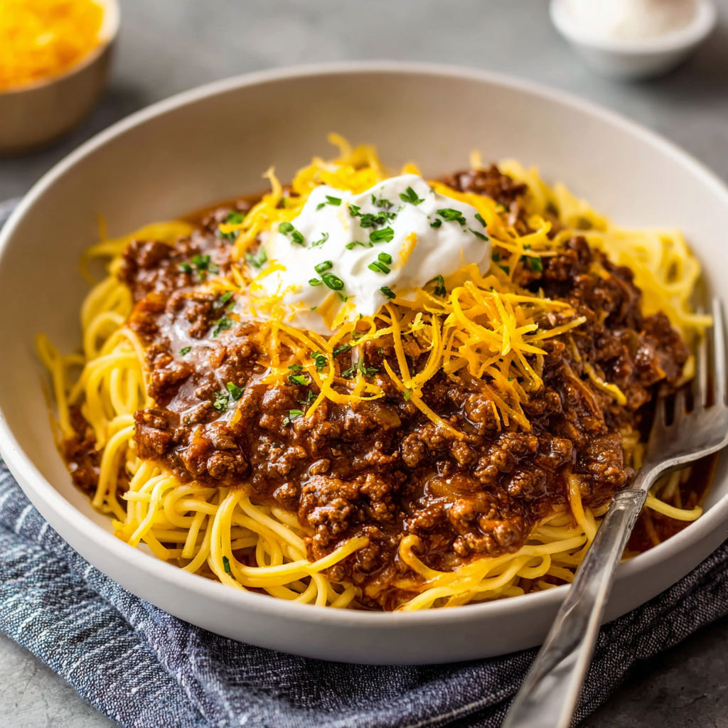 A bowl of spaghetti with meat sauce and a dollop of sour cream on top.