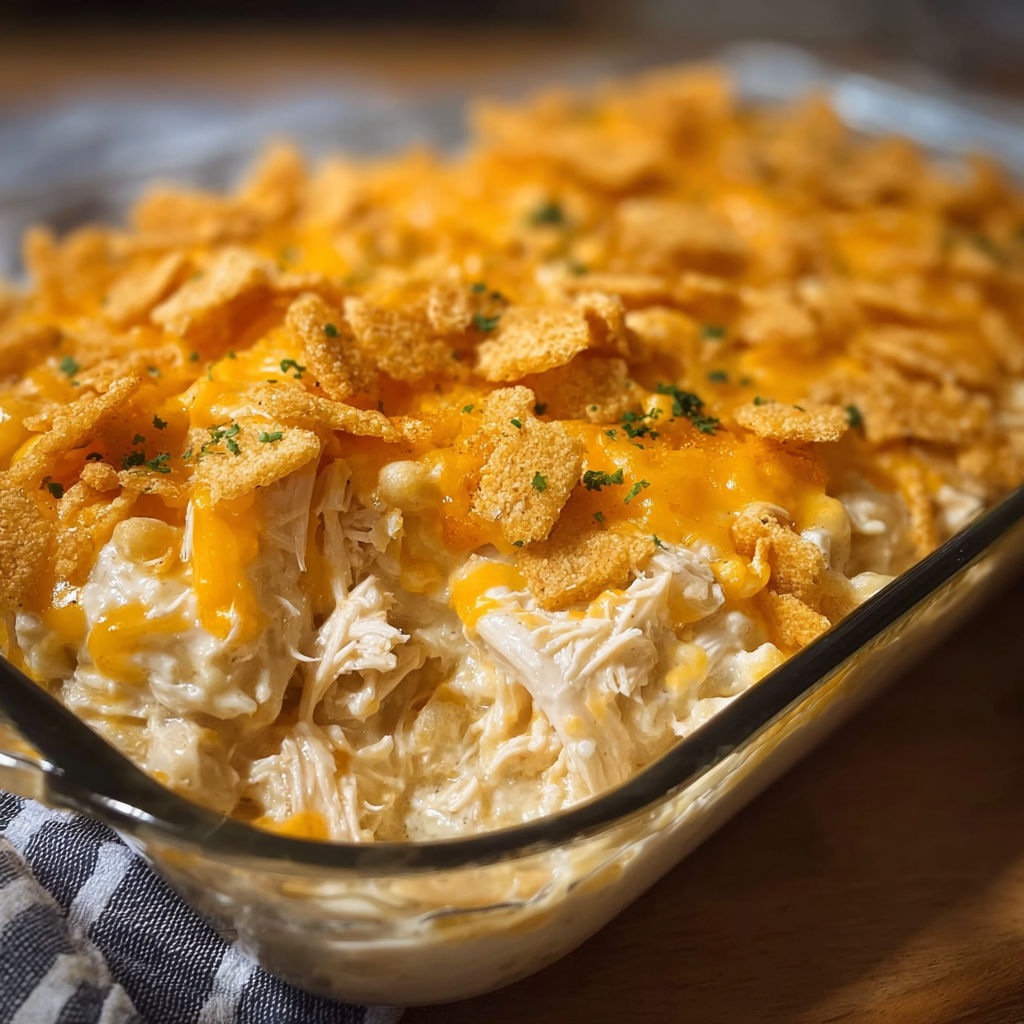 A delicious Million Dollar Chicken Casserole in a glass dish.