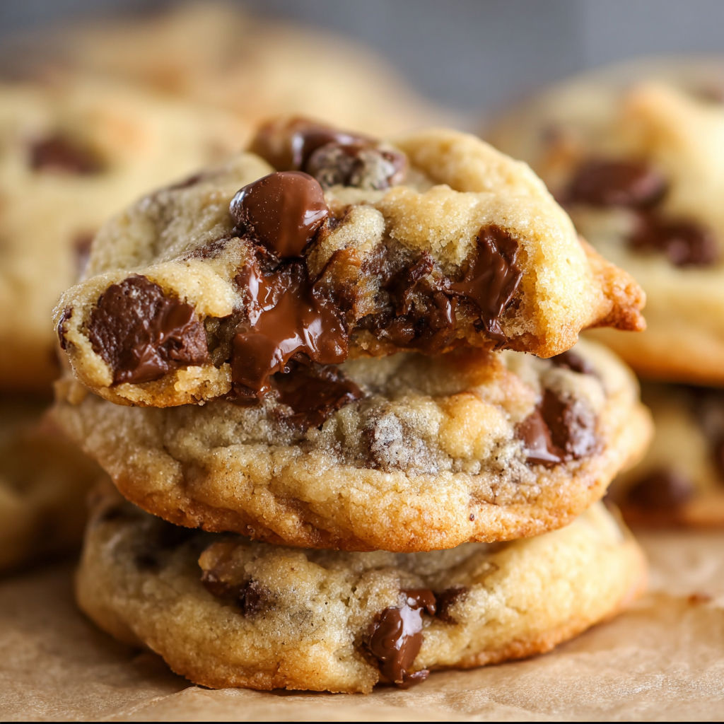 A stack of chocolate chip cookies with chocolate drizzled on top.