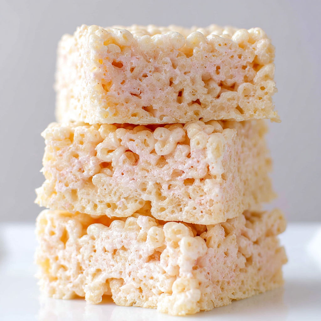Three stacked bars of Soft Rice Krispie Bars.