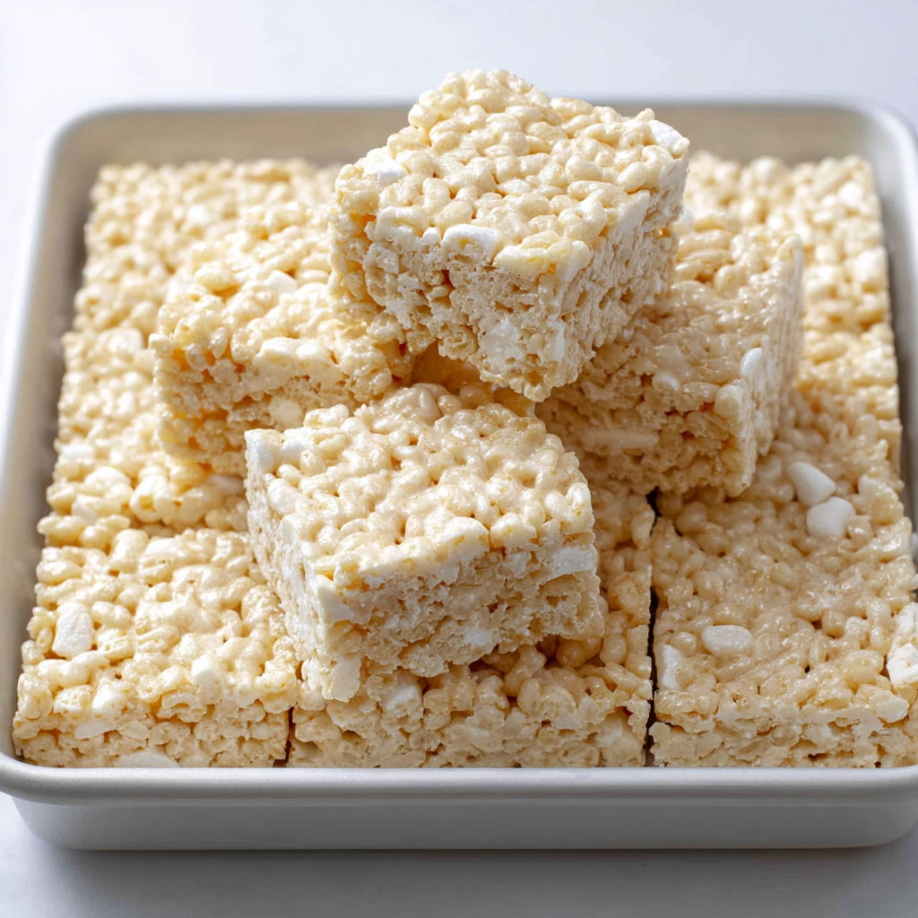 A pan of rice crispies with a few pieces missing.
