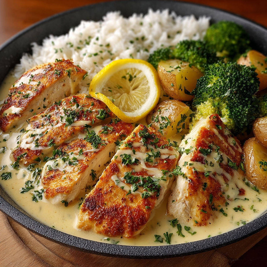A delicious Creamy Lemon Chicken Bowl with Rice, Potatoes, and Broccoli.