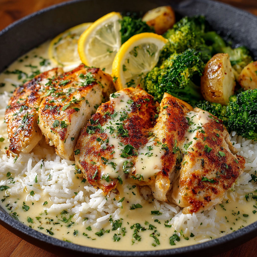 A delicious Creamy Lemon Chicken Bowl with Rice, Potatoes, and Broccoli.
