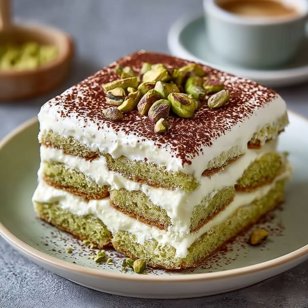 A slice of Pistachio Tiramisu cake with white cream and nuts on top.