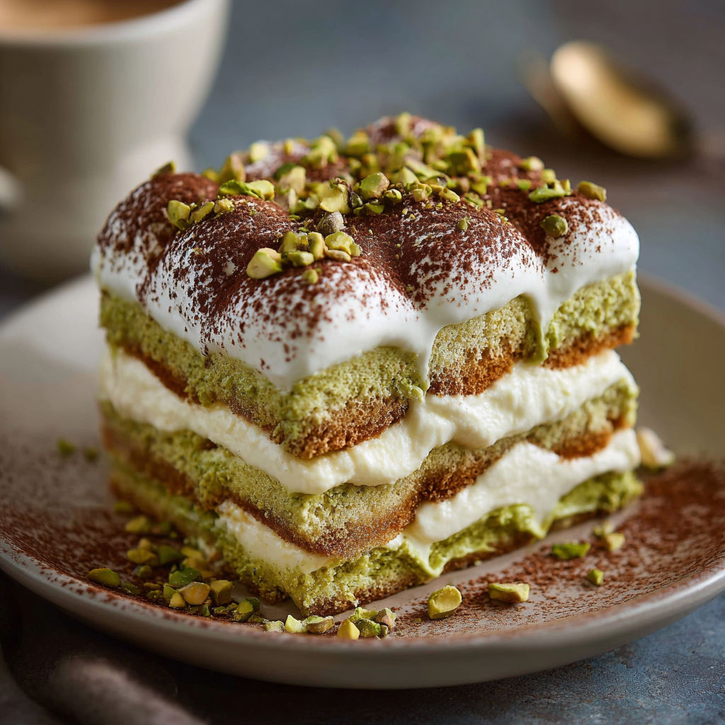A slice of cake with white frosting and green nuts on top.