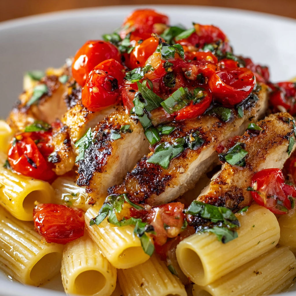 A delicious Bruschetta Chicken Pasta Dish is served in a white bowl.