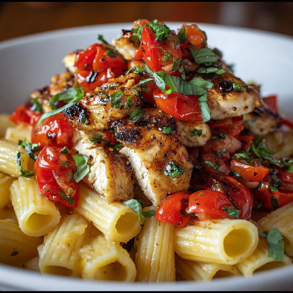 A delicious Bruschetta Chicken Pasta Dish is served in a white bowl.