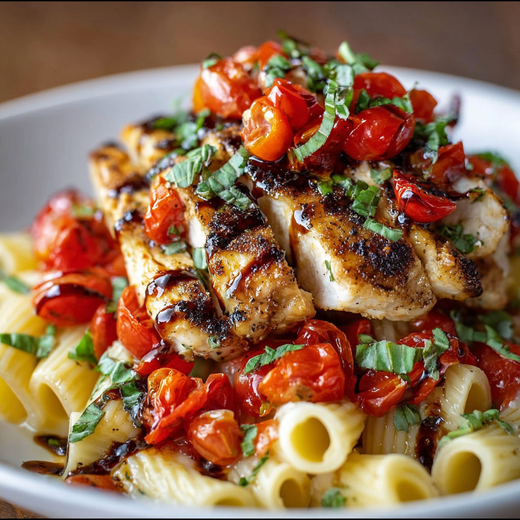 A delicious Bruschetta Chicken Pasta Dish is served on a plate.