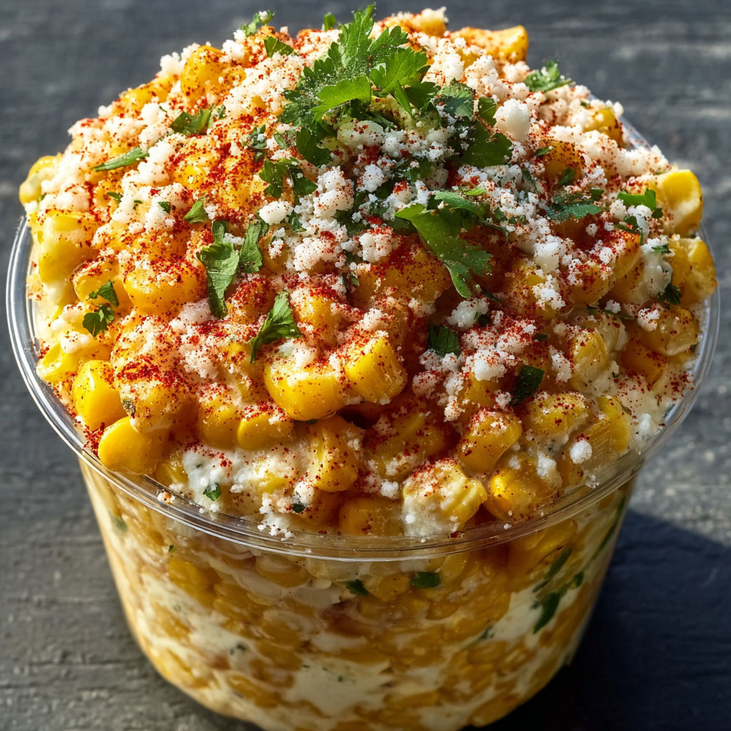 A bowl of corn with cheese and red peppers, possibly a Mexican dish.