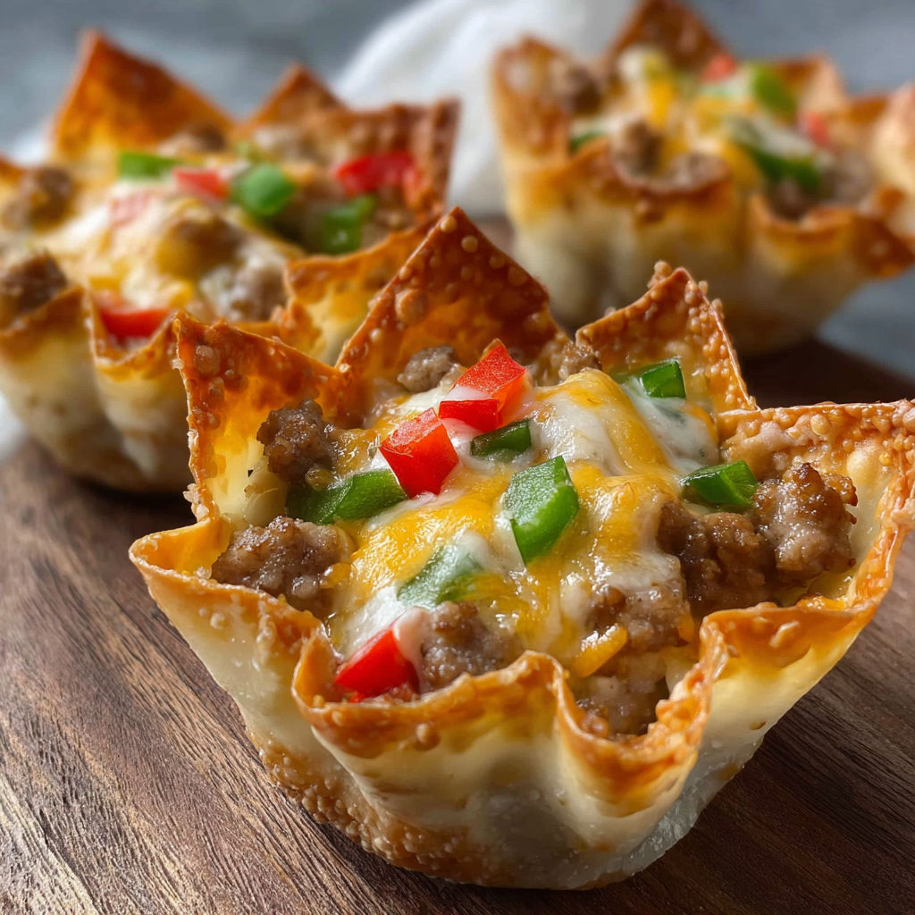 A delicious appetizer made with cheesy sausage and wontons.