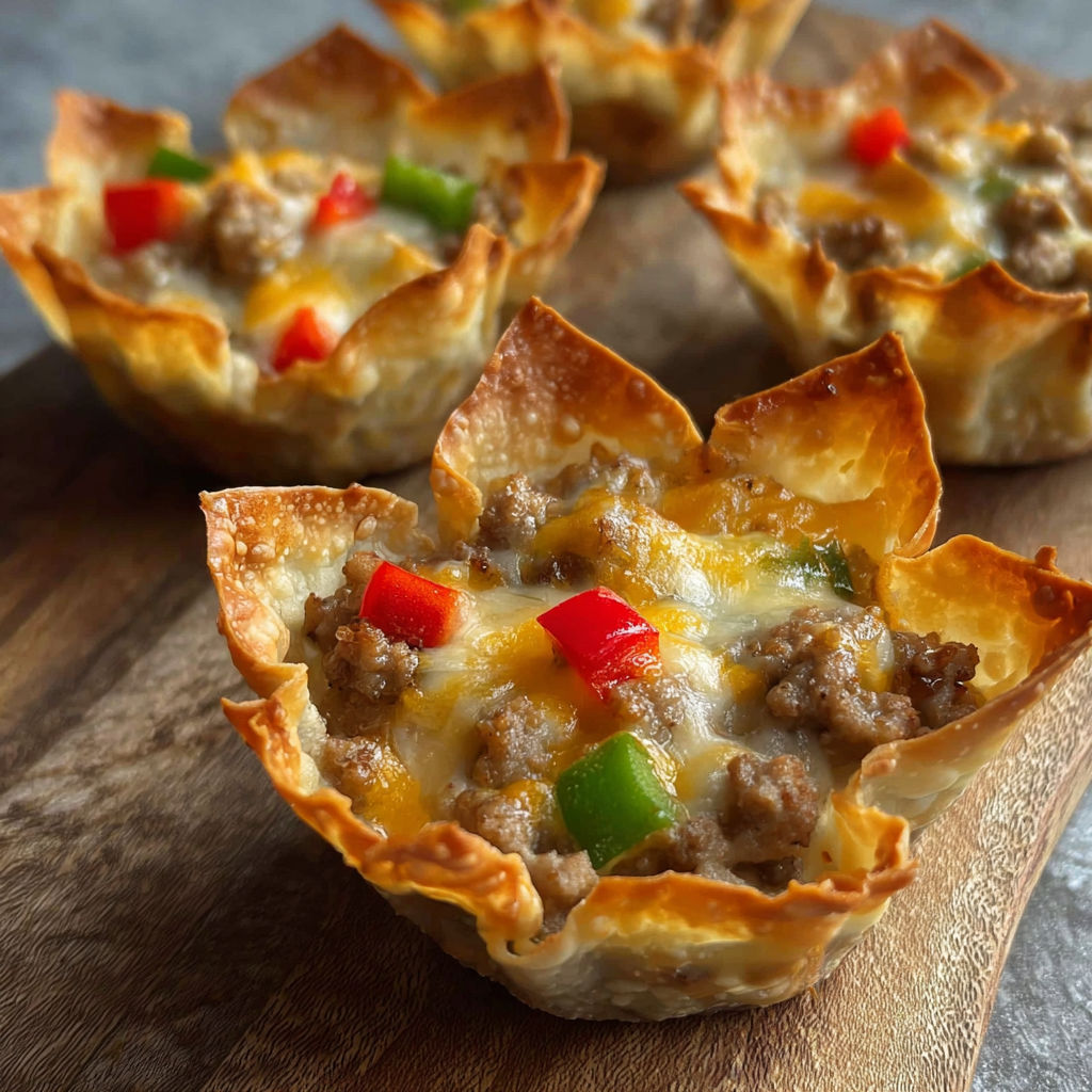 A wooden cutting board with a variety of food items, including a cheesy meat and vegetable filled pastry, a meat and cheese filled pastry, and a meat and cheese filled pastry with a green pepper.