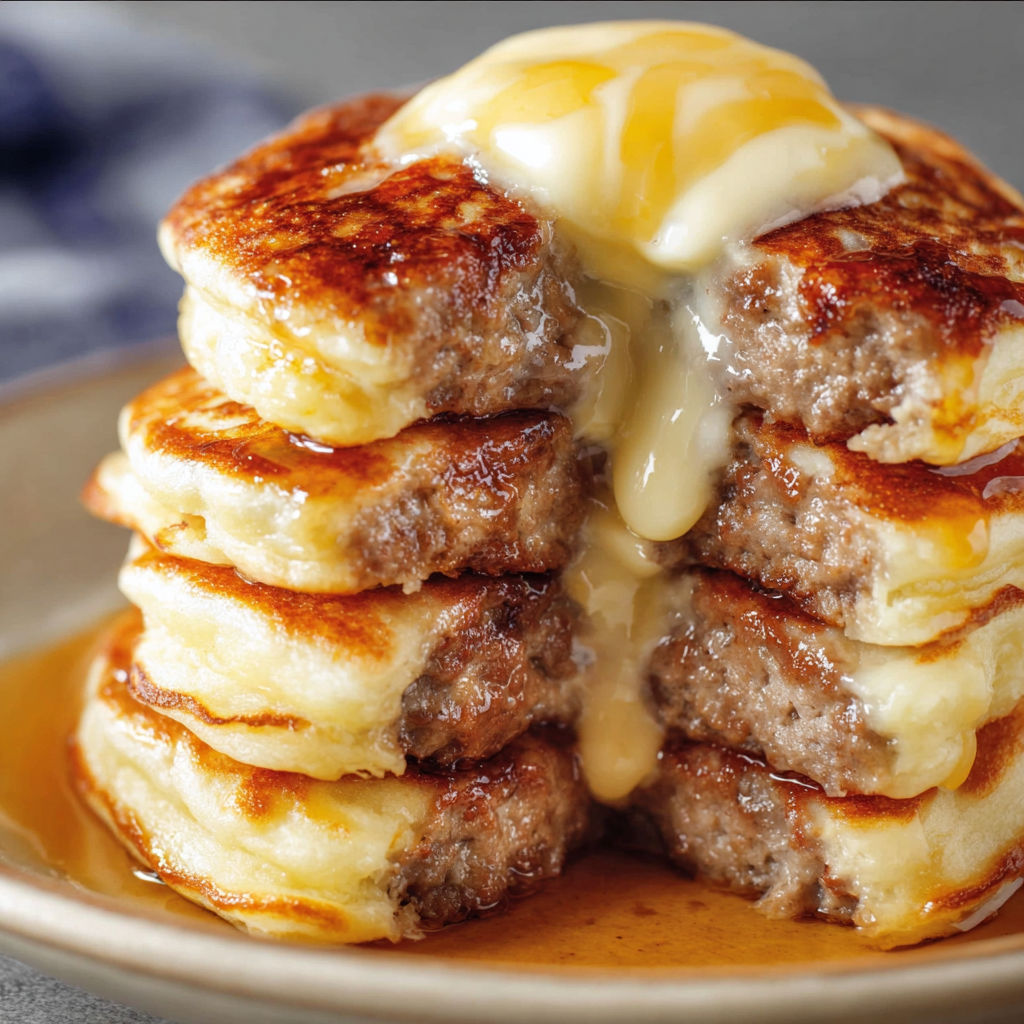 A stack of Sausage Dipped Pancakes on a plate.