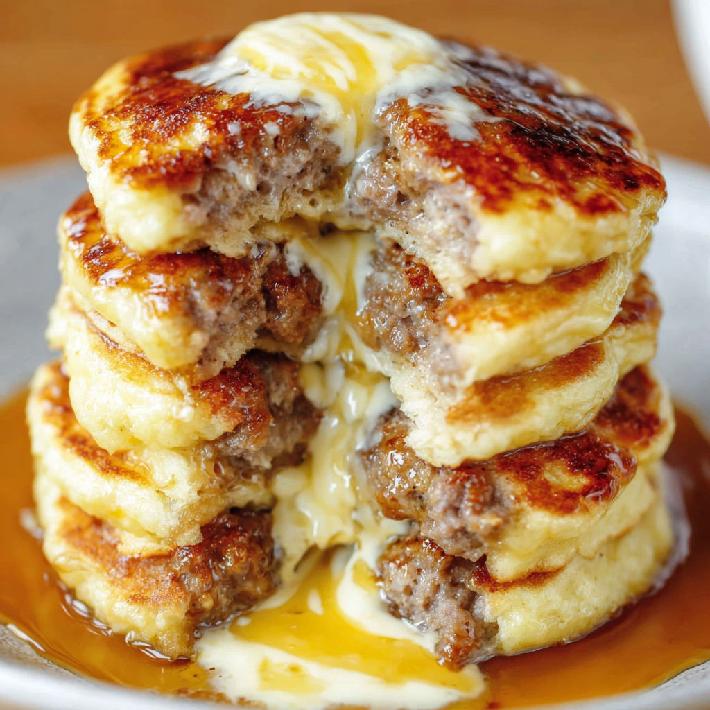 A stack of meat patties with cheese on top, served with a side of gravy.