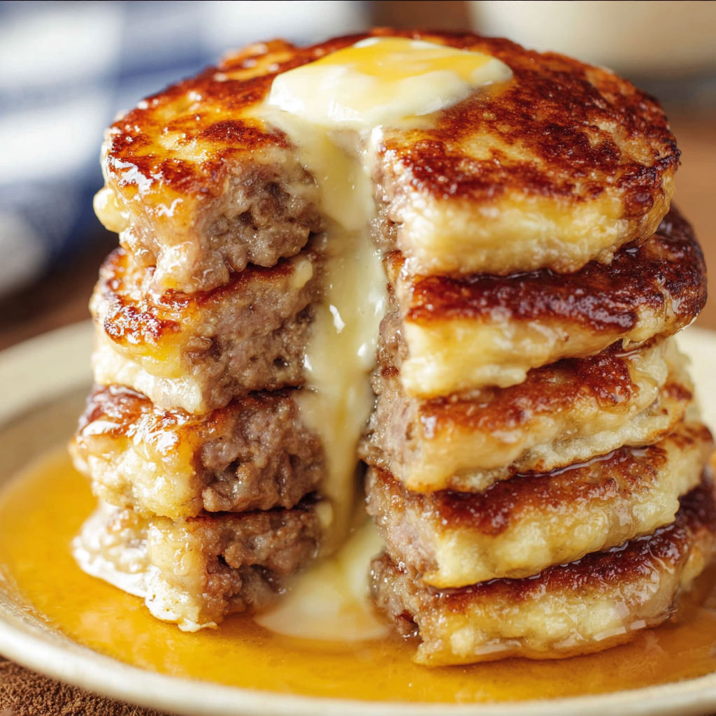A stack of French toast with cheese and syrup on a plate.