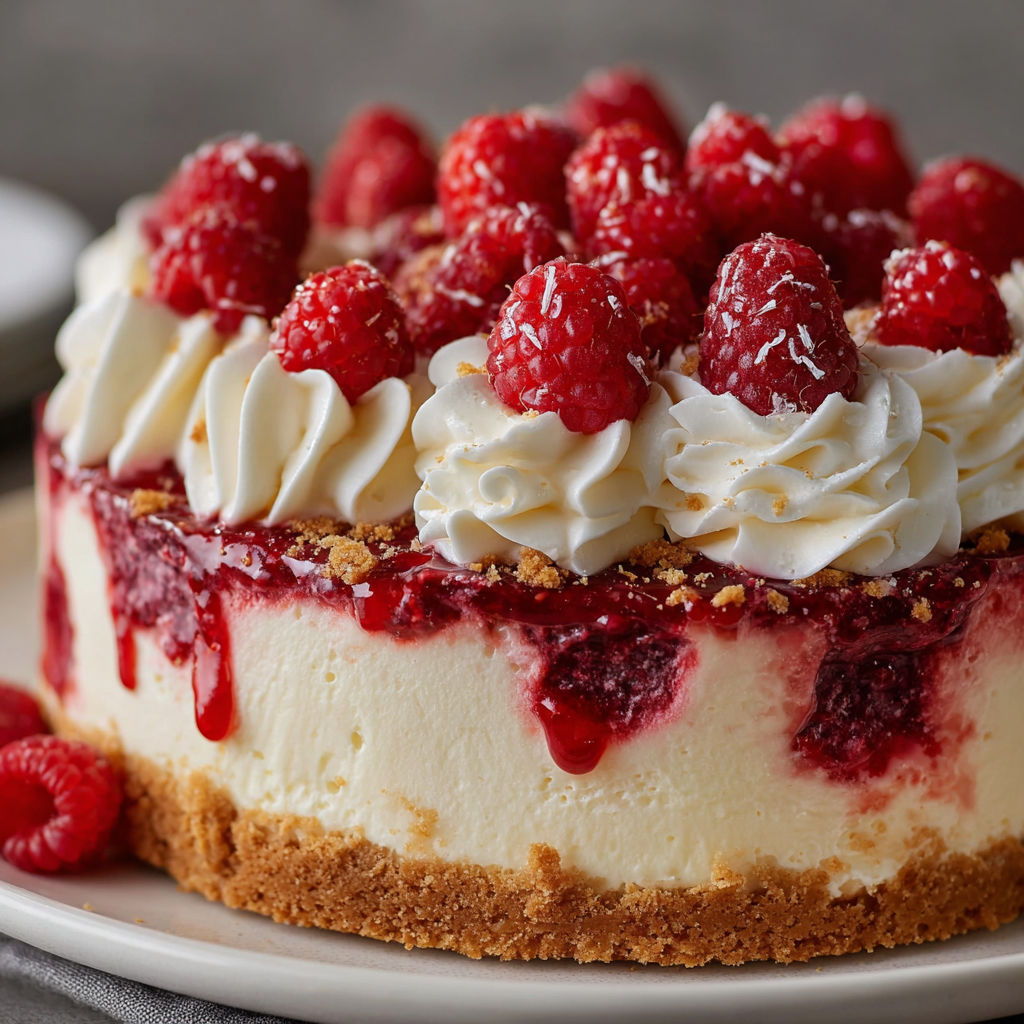 A slice of cheesecake with raspberries on top.