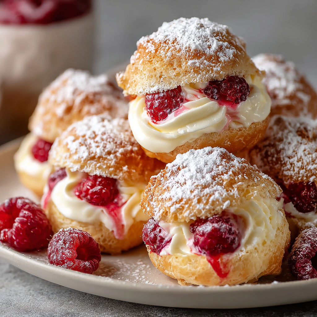 A plate of delicious raspberry cream puffs with white powdered sugar on top.