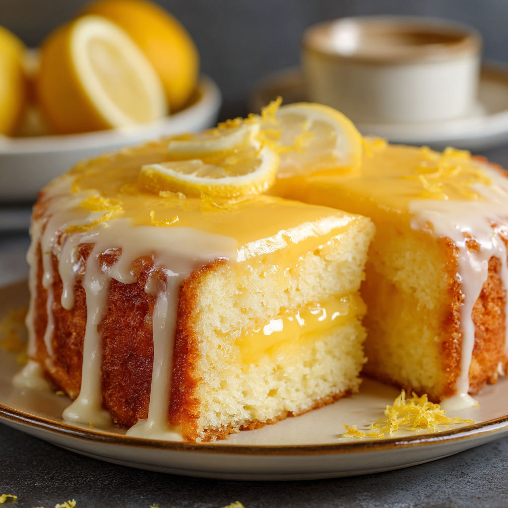 A slice of Lemon Custard Cake with a lemon wedge on top.