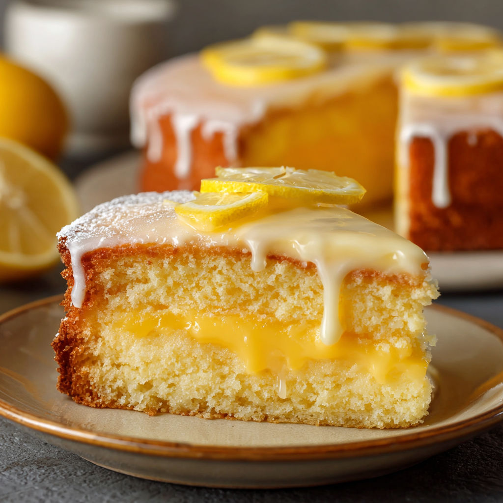 A slice of lemon cake with lemon wedges on top.
