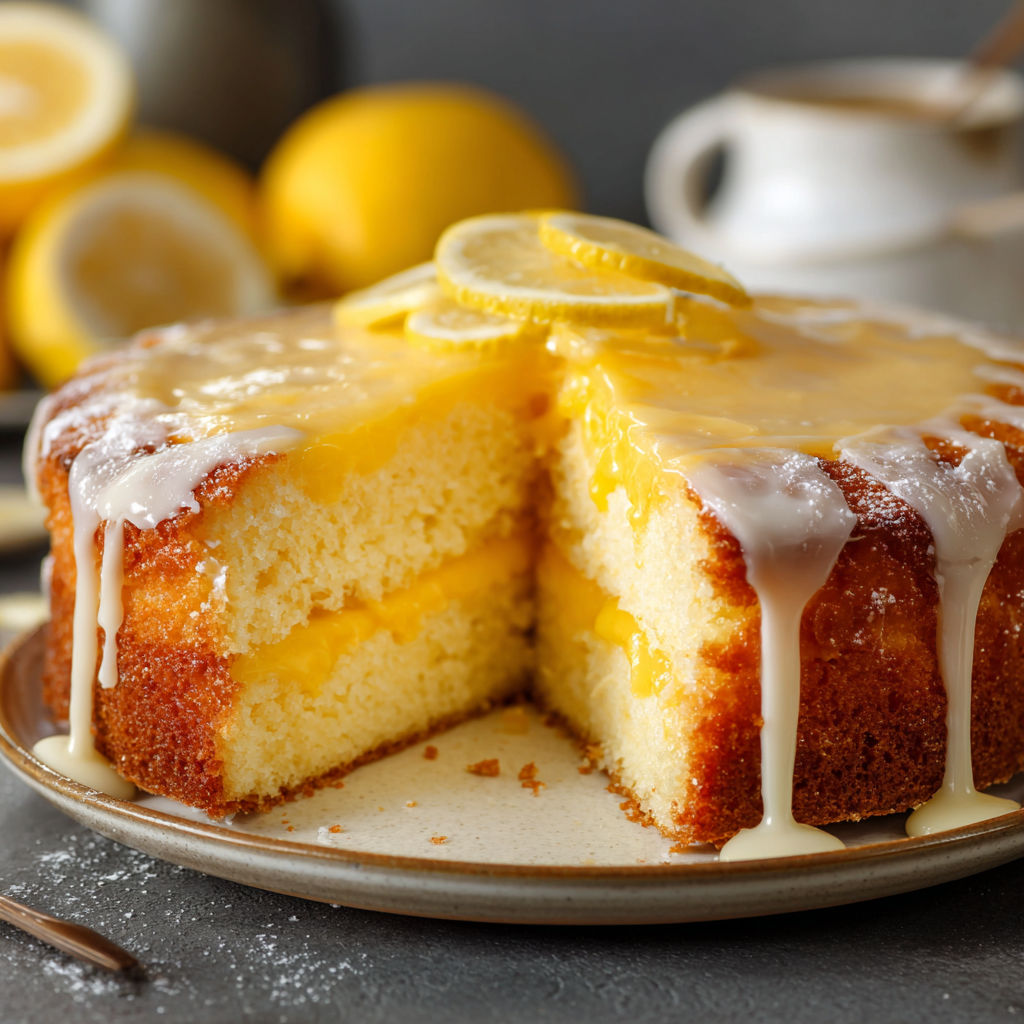 A slice of lemon cake with a dollop of lemon curd on top.