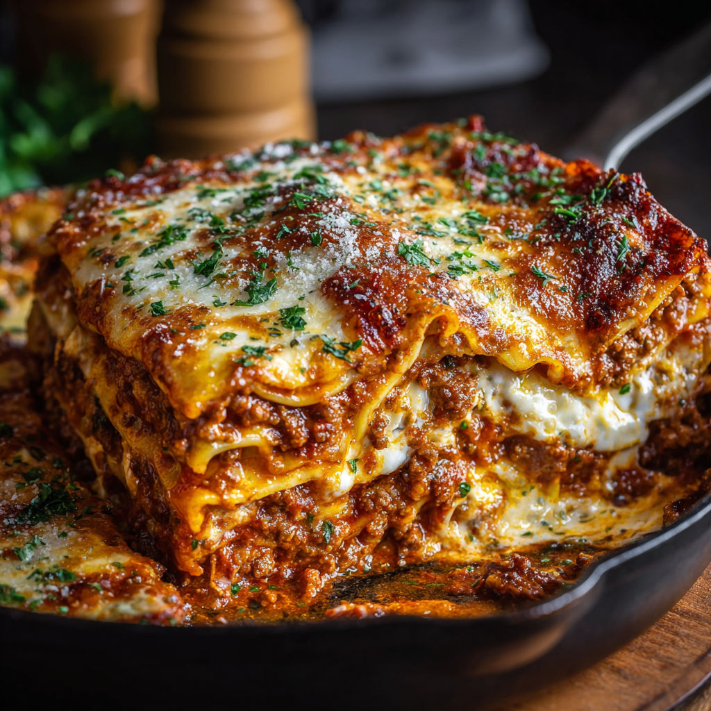 A delicious lasagna dish with a generous amount of cheese and meat, served in a black pan.