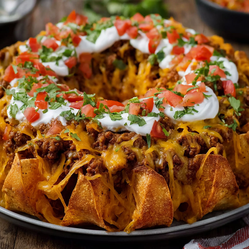 A delicious cheese and tomato covered casserole dish, also known as a "Cheesy Tomato Tater Casserole" is displayed on a plate.