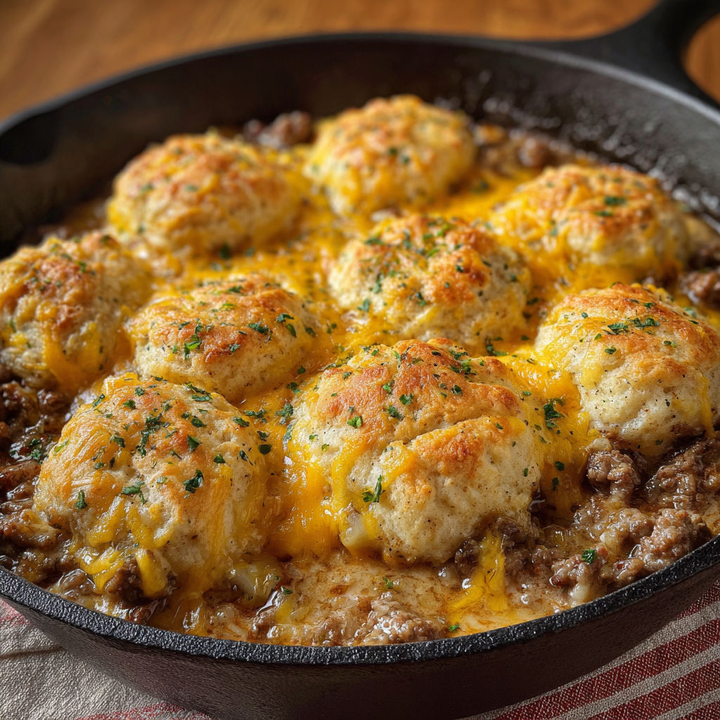 A delicious meal of chicken and biscuits in a cast iron skillet.