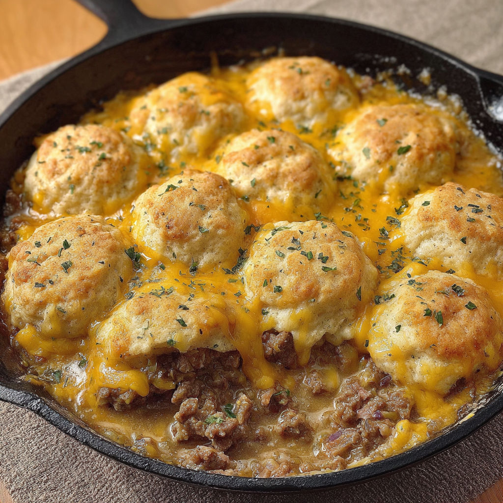 A skillet filled with a delicious cheesy meat dish, likely a chili cheese dog, is placed on a wooden table.