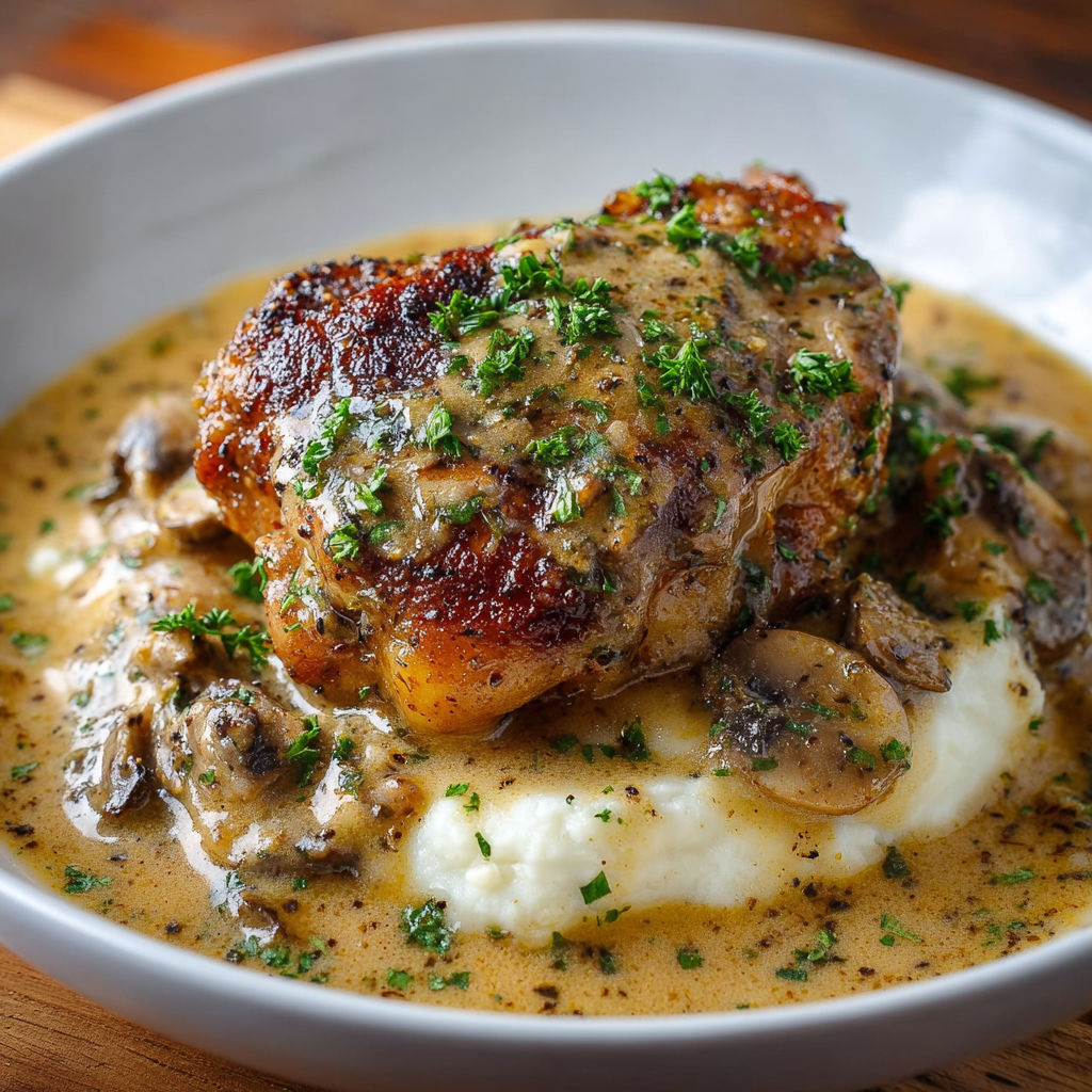 A plate of smothered chicken thighs with a brown gravy.
