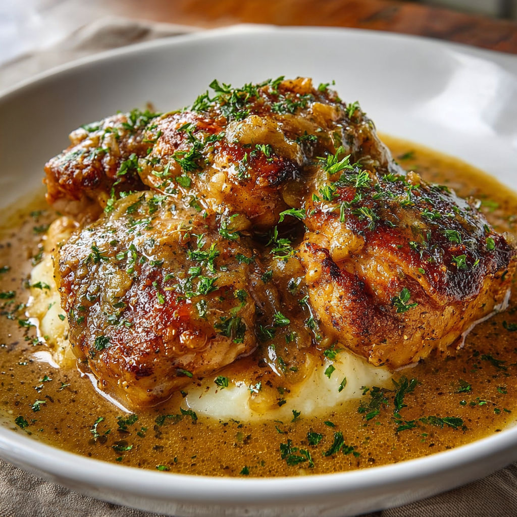 A plate of chicken with a brown sauce and herbs, served with mashed potatoes and a side of greens.