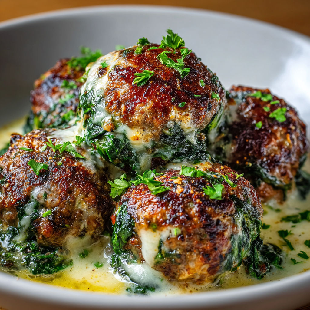A plate of spinach garlic meatballs stuffed with mozzarella cheese.