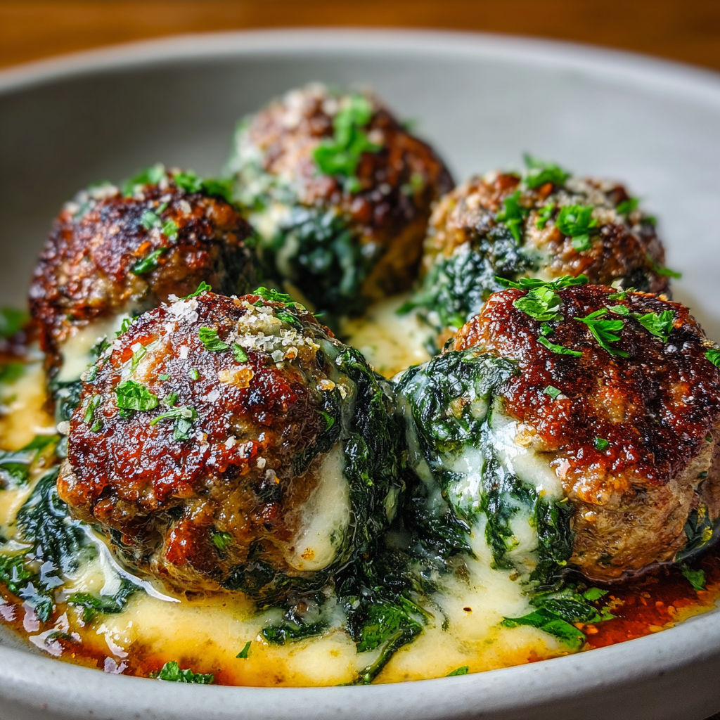 A bowl of meatballs covered in cheese and spinach.