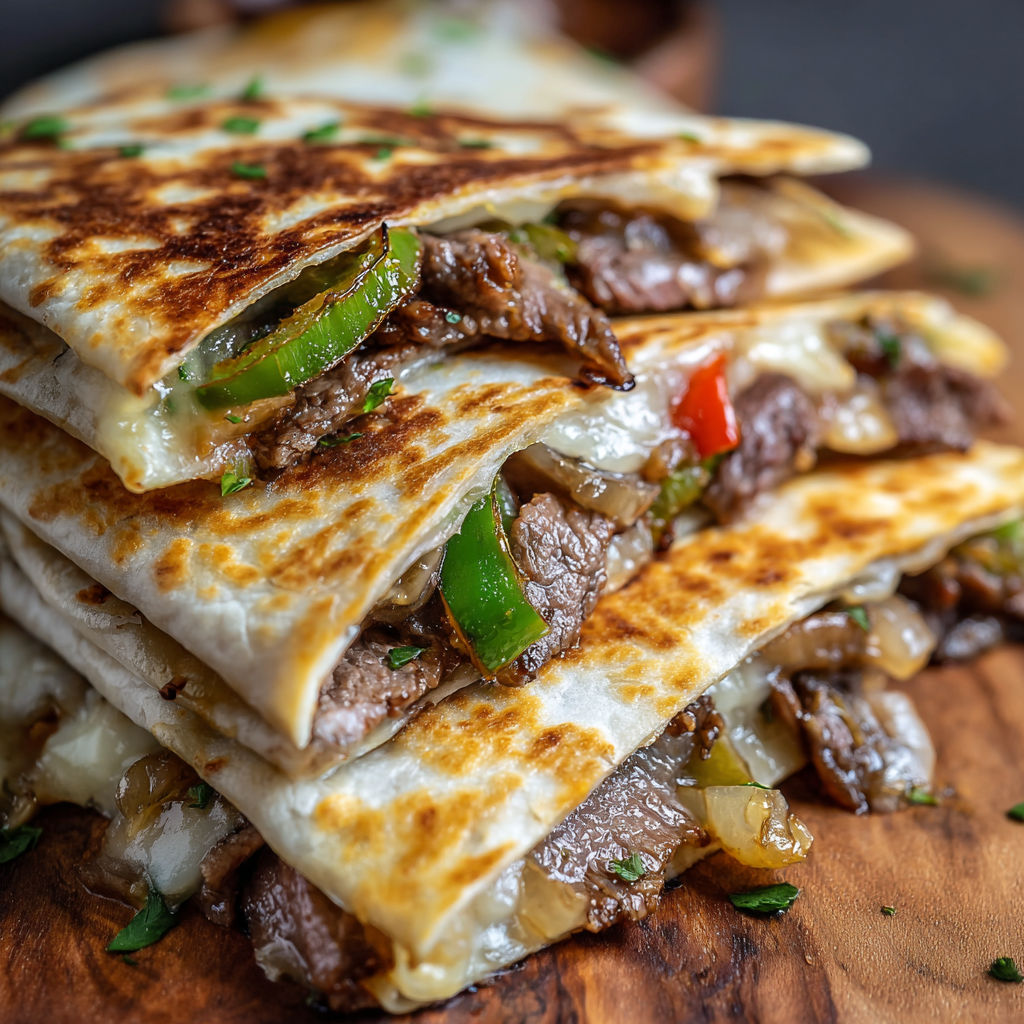 A stack of Philly Cheesesteak Quesadillas on a wooden table.