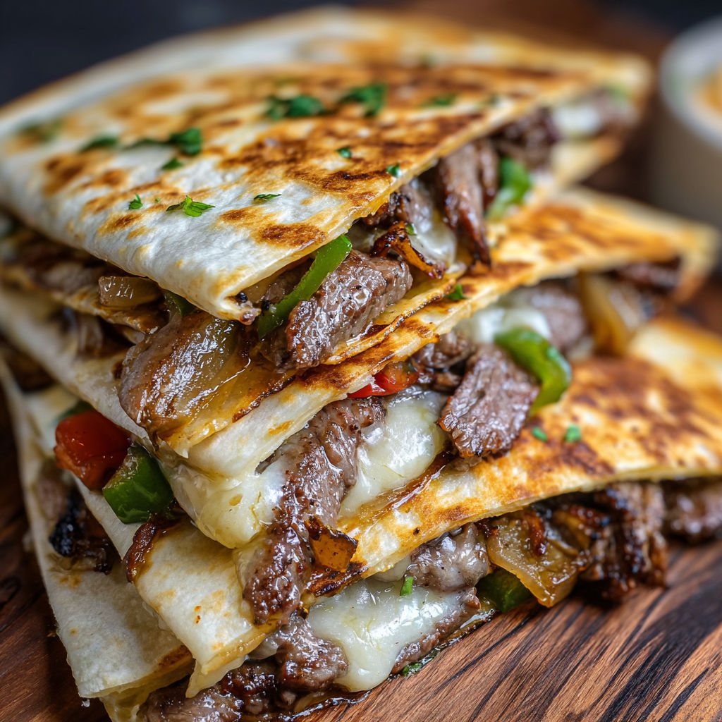 A delicious Philly Cheesesteak Quesadilla is stacked high on a wooden cutting board, ready to be enjoyed.