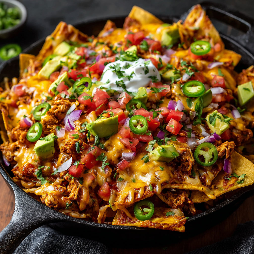 A delicious loaded chicken nacho dish is served in a black skillet.