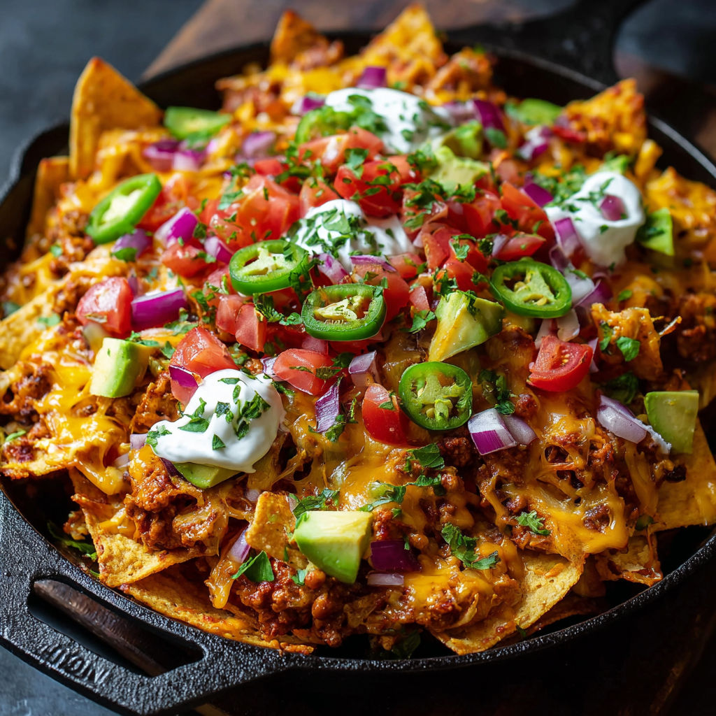 A delicious meal of nachos with cheese, tomatoes, and jalapenos, served in a cast iron skillet.