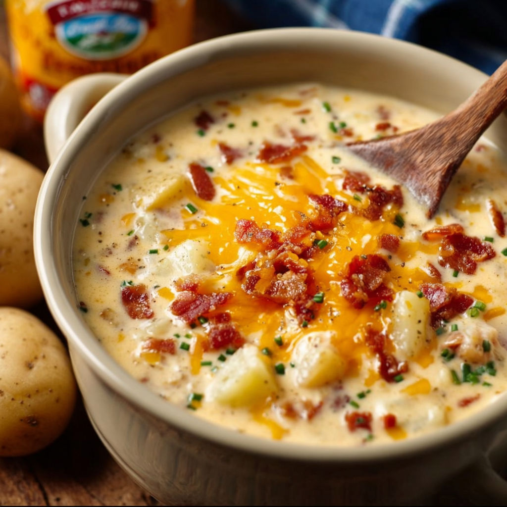 A bowl of soup with bacon and potatoes, ready to be cooked in a crock pot.