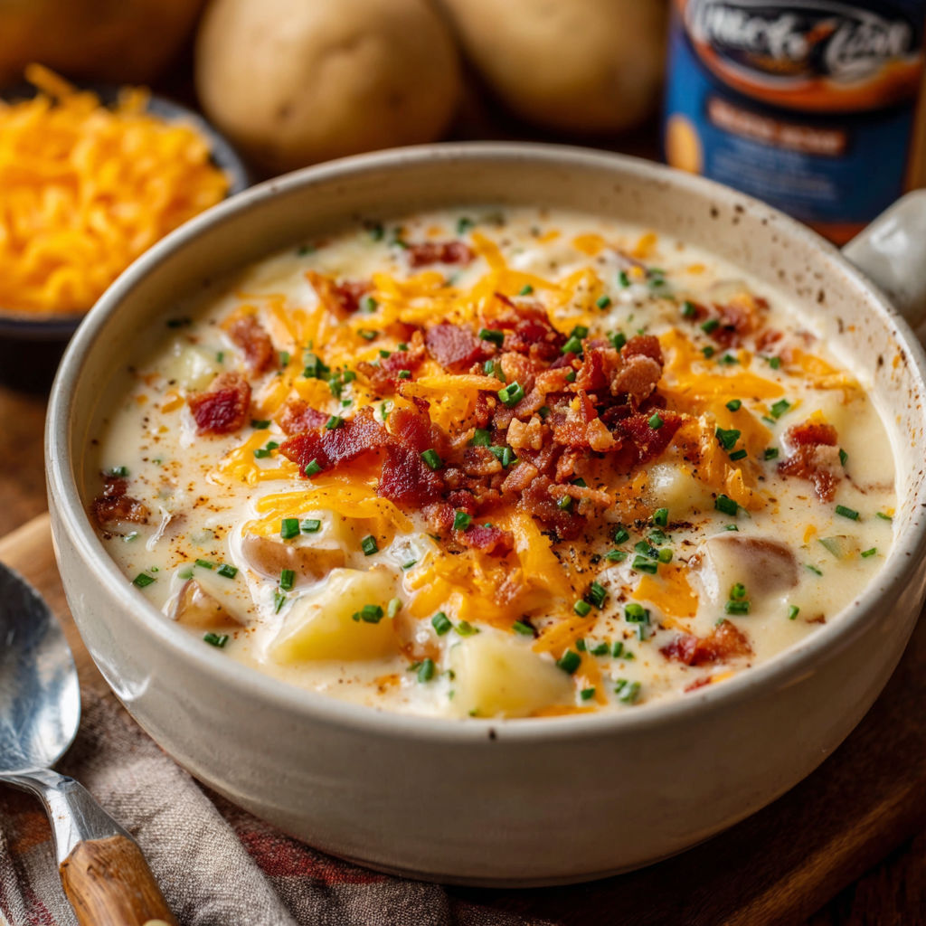 A bowl of creamy soup with bacon and cheese, accompanied by a spoon.
