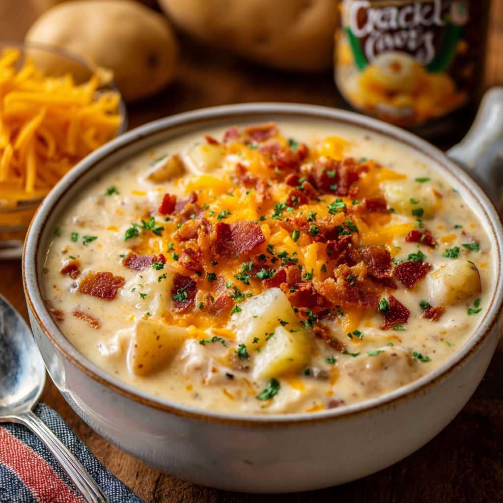 A bowl of creamy soup with bacon bits and cheese, accompanied by a spoon and a bottle of Cracker Barrel cheese sauce.