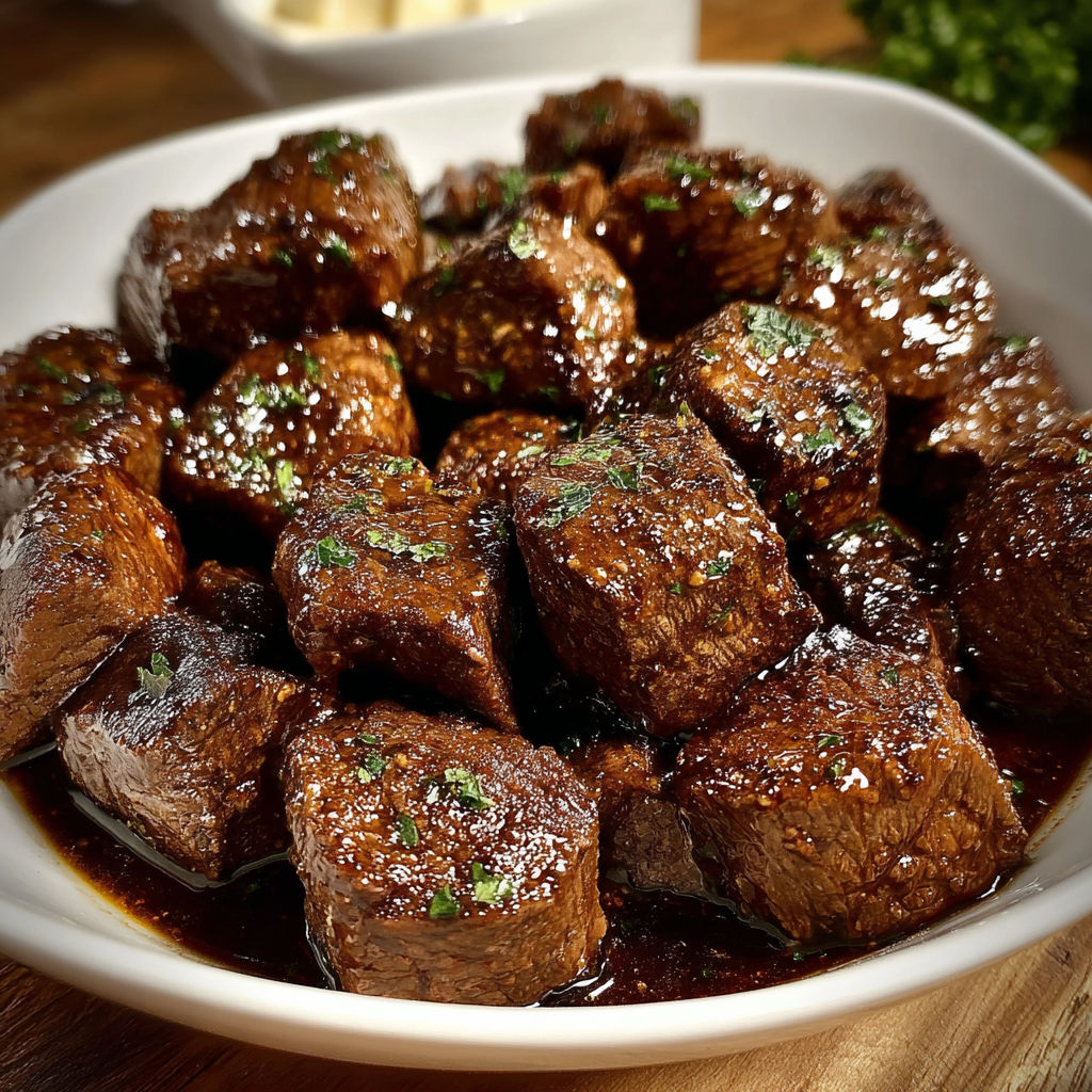 A bowl of beef steak bites cooked in a crockpot.