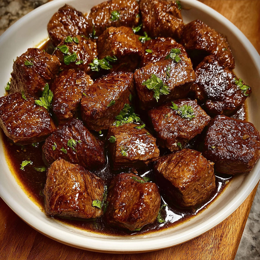 A bowl of beef stew with green herbs and spices.